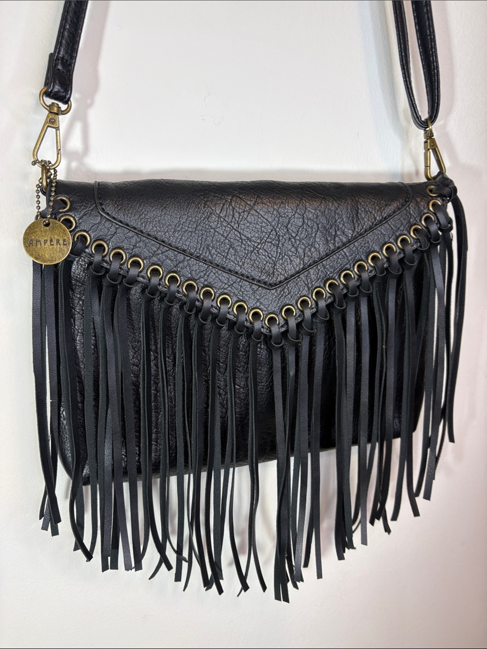 Ampère Black Leather Dallas Fringe Crossbody Western Tassel Bag Bohemian Boho
